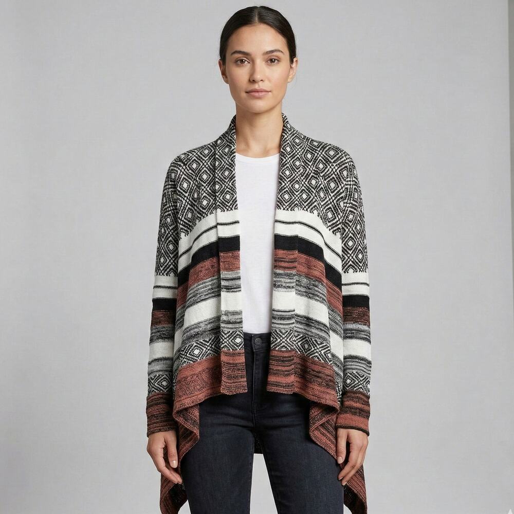 BKE Women's Knit Open Front Cardigan Sweater Striped Asymmetrical Hem Medium